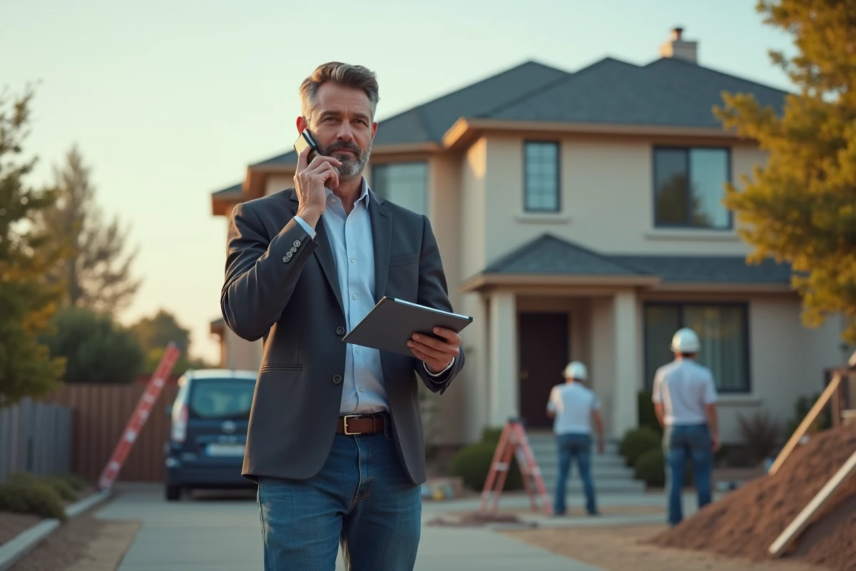 Homme d affaires au téléphone devant une maison en travaux