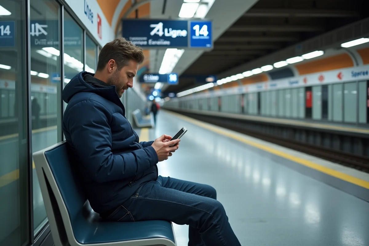 Homme connecté sur tablette assis dans une station de la ligne 14 du métro parisien avec panneau 4G et Wi-Fi