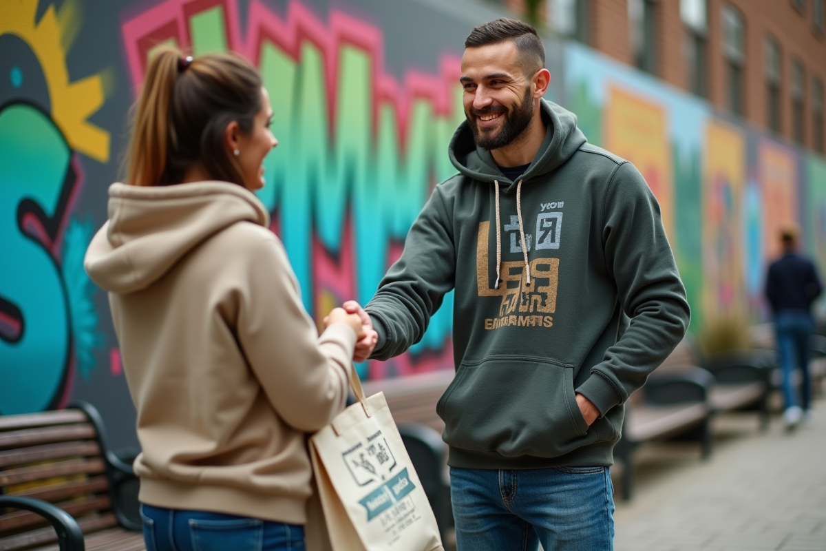 Homme donnant un tote bag écologique devant un mur urbain
