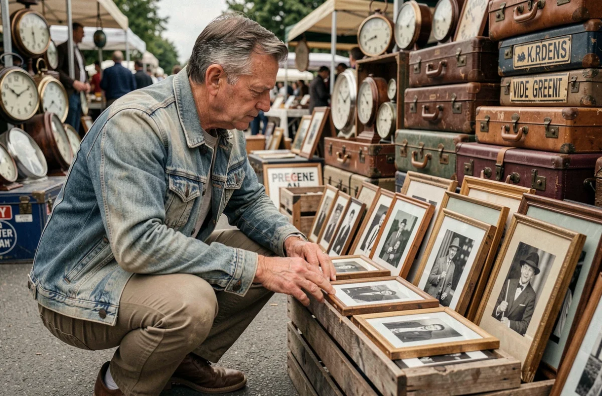 Homme examinant de vieilles photographies encadrées accroupi devant un stand de vide grenier en plein air en France