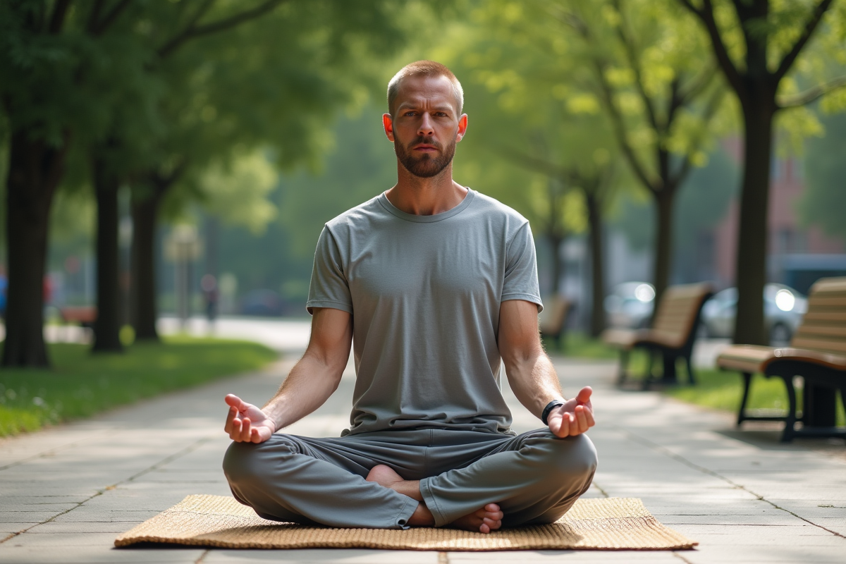 Homme pratiquant le yoga dans un parc urbain
