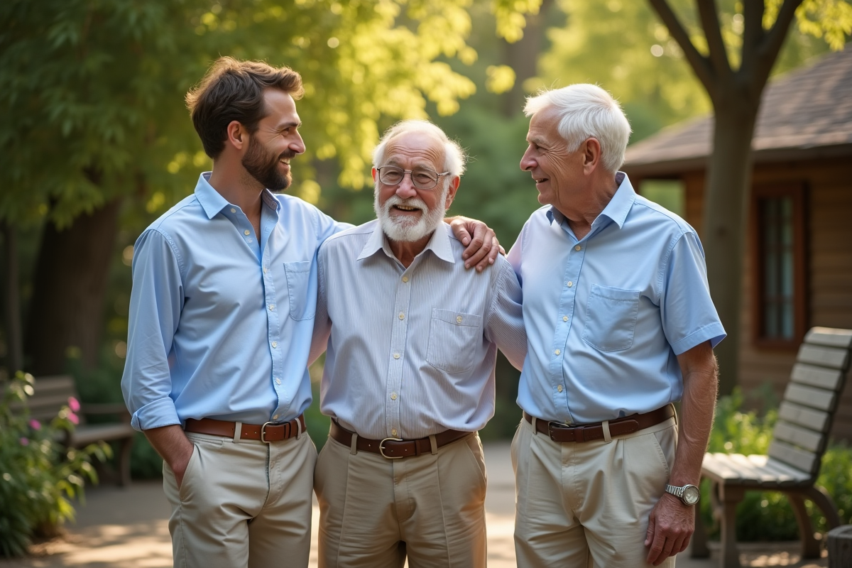 Une famille masculine dans un jardin en pleine nature
