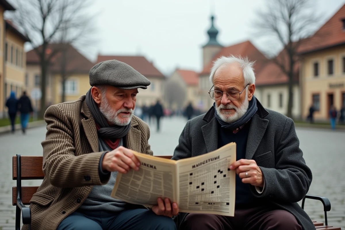 Deux hommes roumains discutant autour d une presse dans un parc
