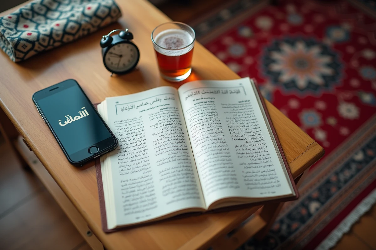 Tableau des horaires de prière islamique en français et calendrier jumua posés sur une table dans un appartement de Le Blanc-Mesnil