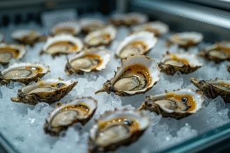 Huitres fraîches sur glace dans un marché de fruits de mer