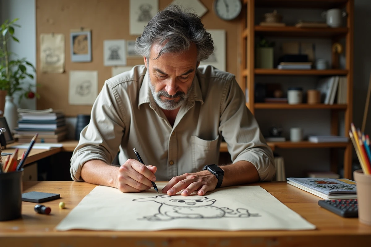 Illustrateur en train de dessiner Tchoupie dans son studio créatif