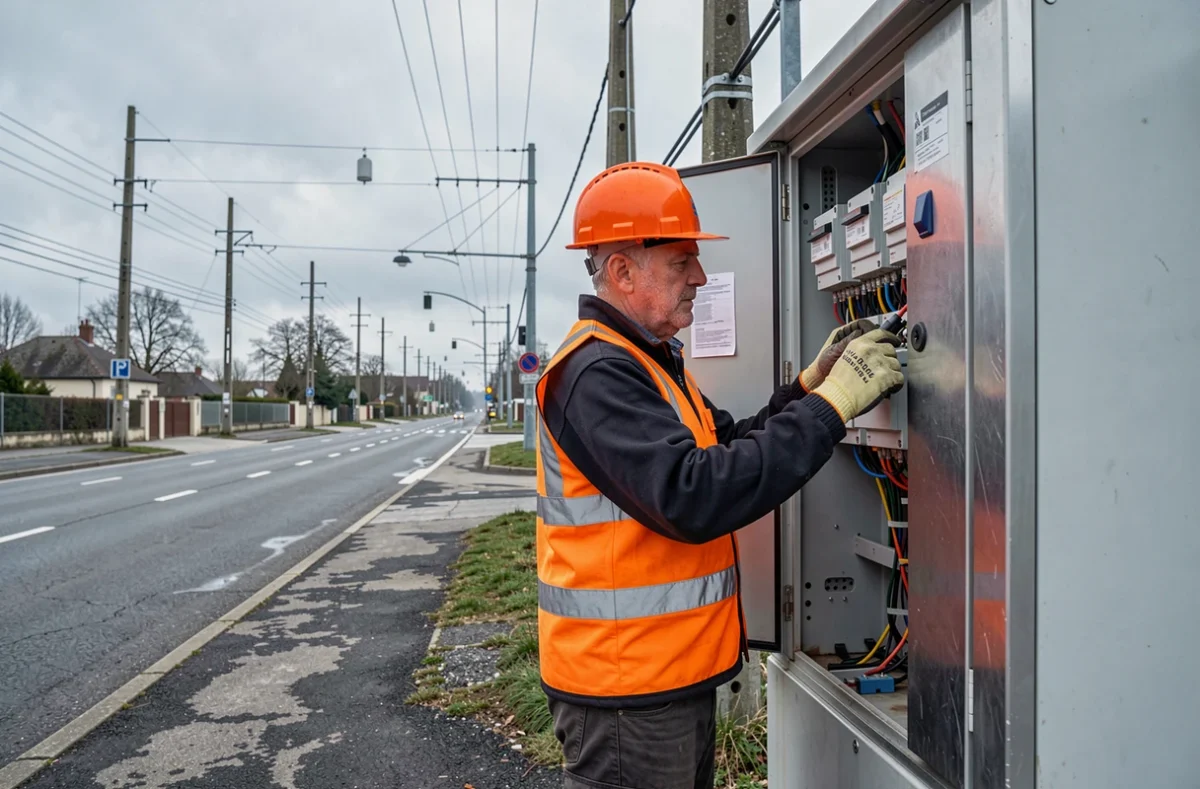 Technicien d'Ineo Réseaux Est intervenant sur une armoire de distribution électrique en bord de route dans un environnement d'infrastructure urbaine