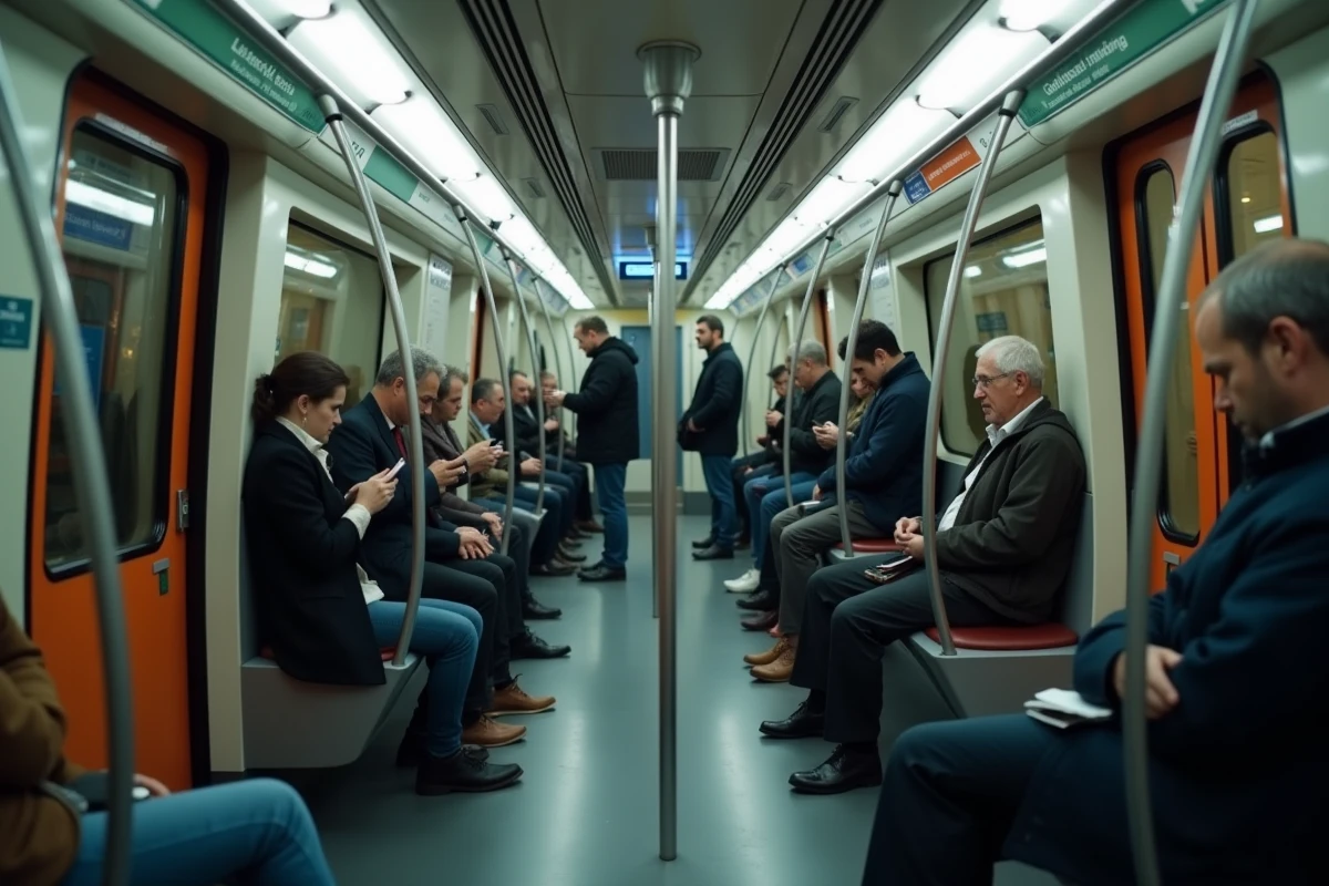 Intérieur d'une rame automatique de la ligne 14 du métro parisien avec passagers connectés au Wi-Fi et à la 4G