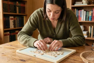 Femme jouant au Scrabble avec des lettres formant une capitale en G sur un plateau en bois dans un appartement cosy