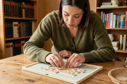 Femme jouant au Scrabble avec des lettres formant une capitale en G sur un plateau en bois dans un appartement cosy