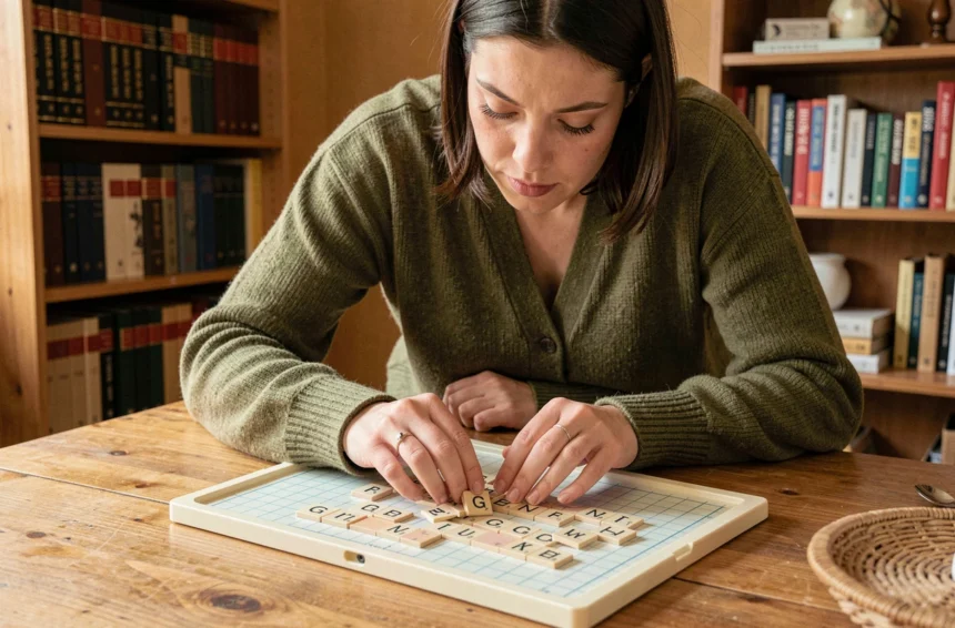 Femme jouant au Scrabble avec des lettres formant une capitale en G sur un plateau en bois dans un appartement cosy