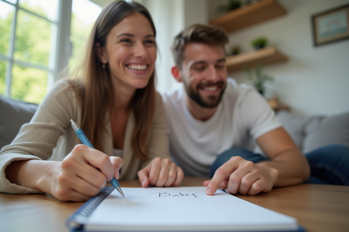 Jeune couple souriant réfléchissant à des noms de bébé dans un salon moderne
