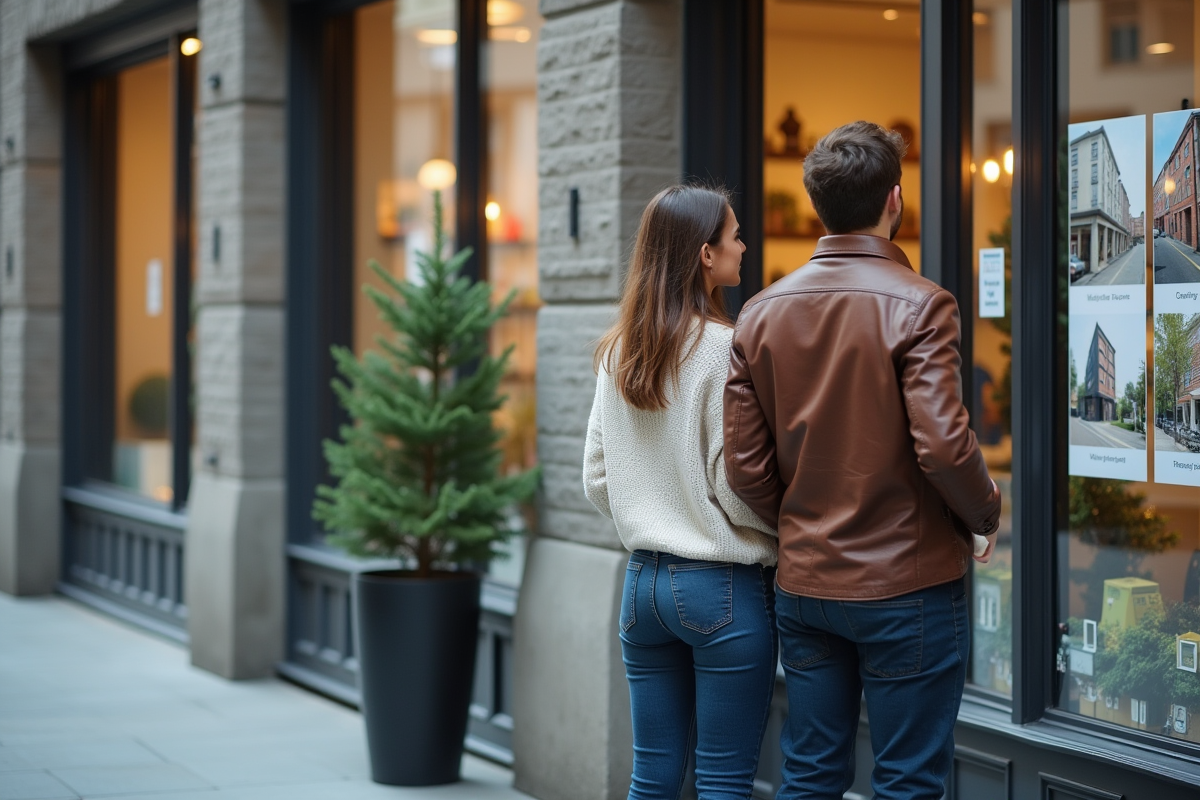 Jeune couple regardant une vitrine immobilière en ville