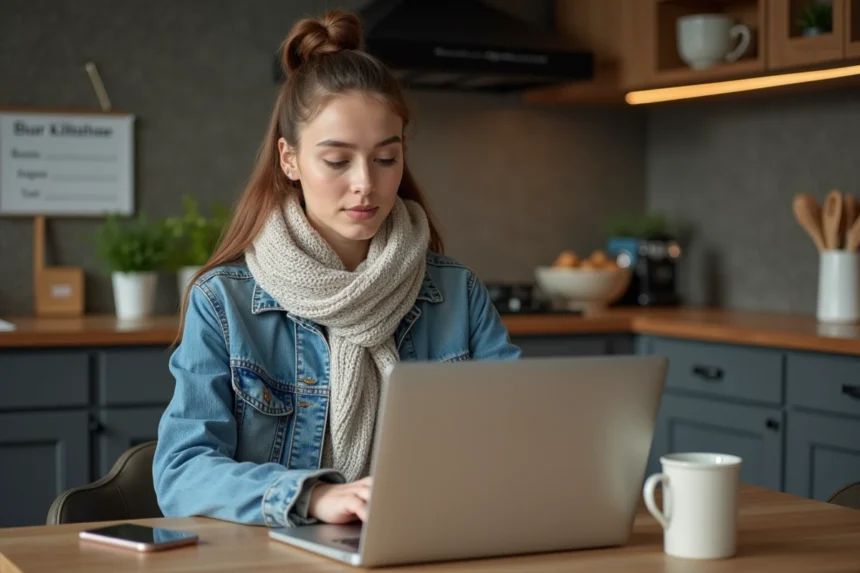 Jeune femme en denim et echarpe consulte billets concert