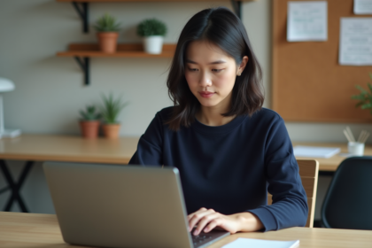 Jeune femme au bureau tapant sur un ordinateur portable
