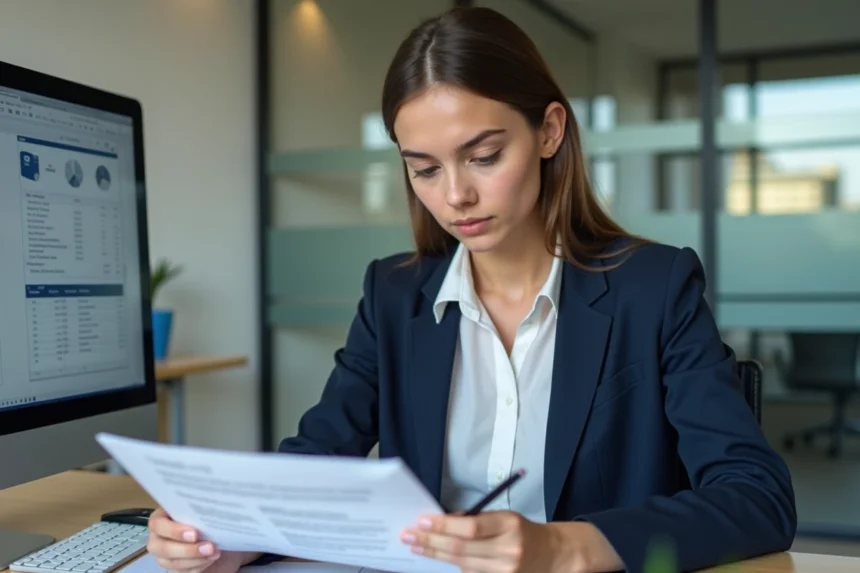 Jeune femme en bureau examine une fiche de paie