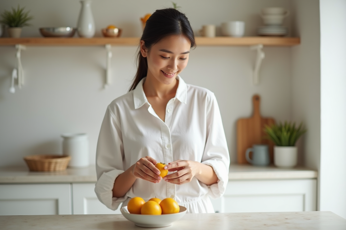 Jeune femme en blanc préparant des fruits dans une cuisine épurée