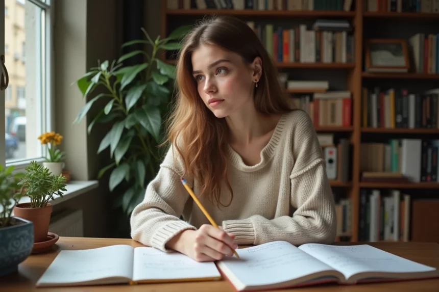 Jeune femme française concentrée à son bureau avec livres et notes