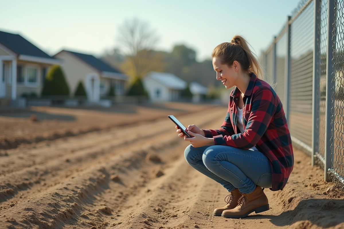 Jeune femme examinant terrain vacant avec tablette