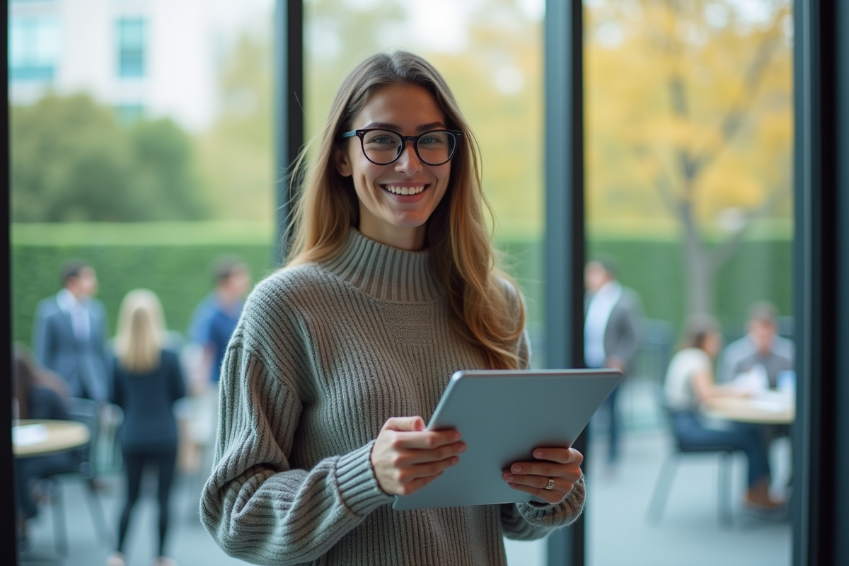 Jeune femme avec tablette affichant des diagrammes de cybersécurité