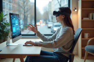 Jeune femme en bureau avec interface de realite augmentee