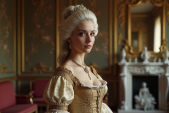 Jeune femme en robe rococo élégante et perruque poudrée