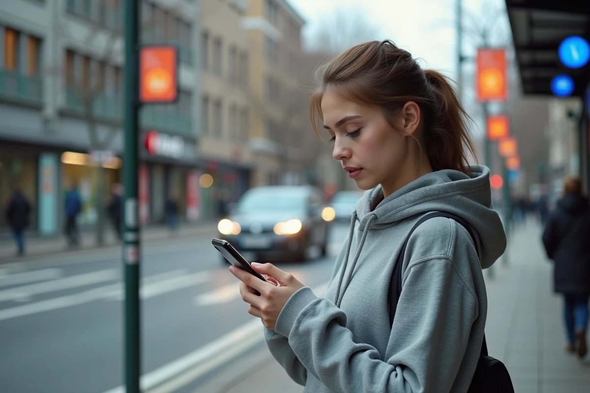 Jeune femme dans la rue regardant son smartphone