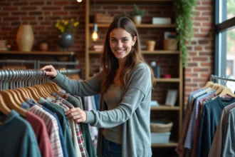 Jeune femme dans une boutique vintage regardant des chemises