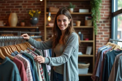 Jeune femme dans une boutique vintage regardant des chemises