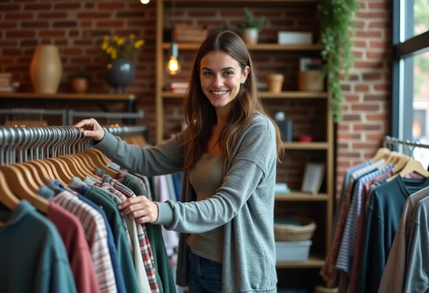 Jeune femme dans une boutique vintage regardant des chemises