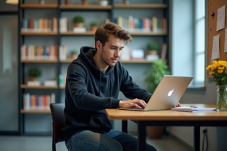 Jeune homme concentré configurant du code sur son ordinateur portable