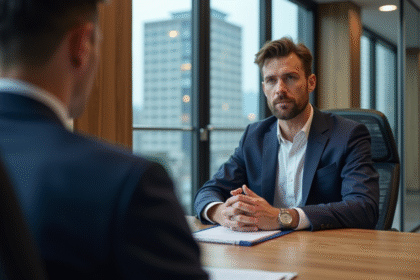 Jeune homme en costume navy lors d'une réunion professionnelle