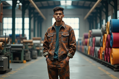 Jeune homme dans une usine textile avec machines et rouleaux de tissu