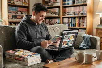 Jeune homme passionné de manga consultant le site Phénix Scans sur son ordinateur portable dans un salon cosy rempli de volumes manga