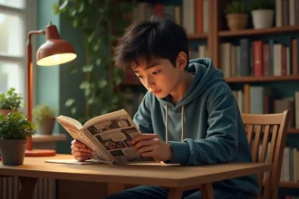 Jeune homme lisant un manga Solo Leveling dans un salon chaleureux