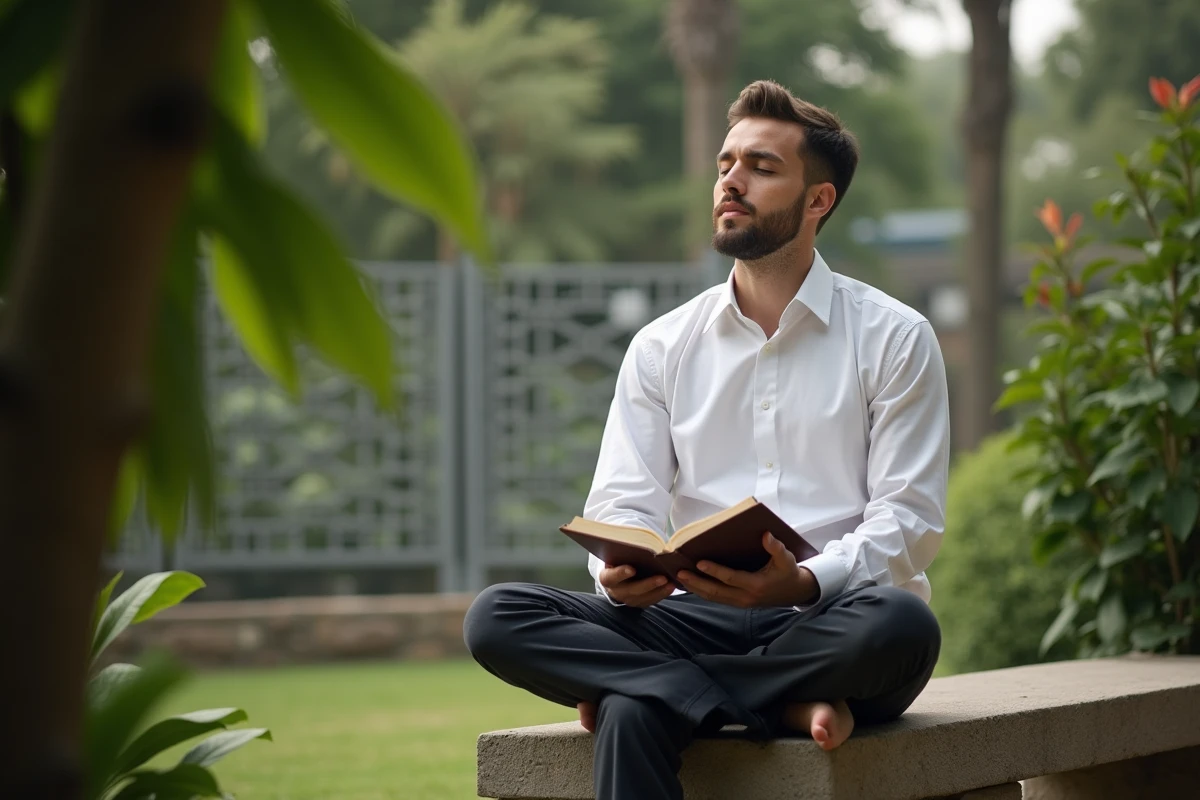 Jeune homme méditant dans un jardin calme