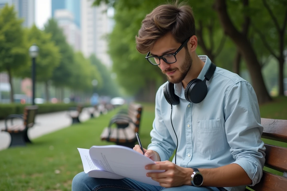 Jeune homme lisant des paroles dans un parc urbain