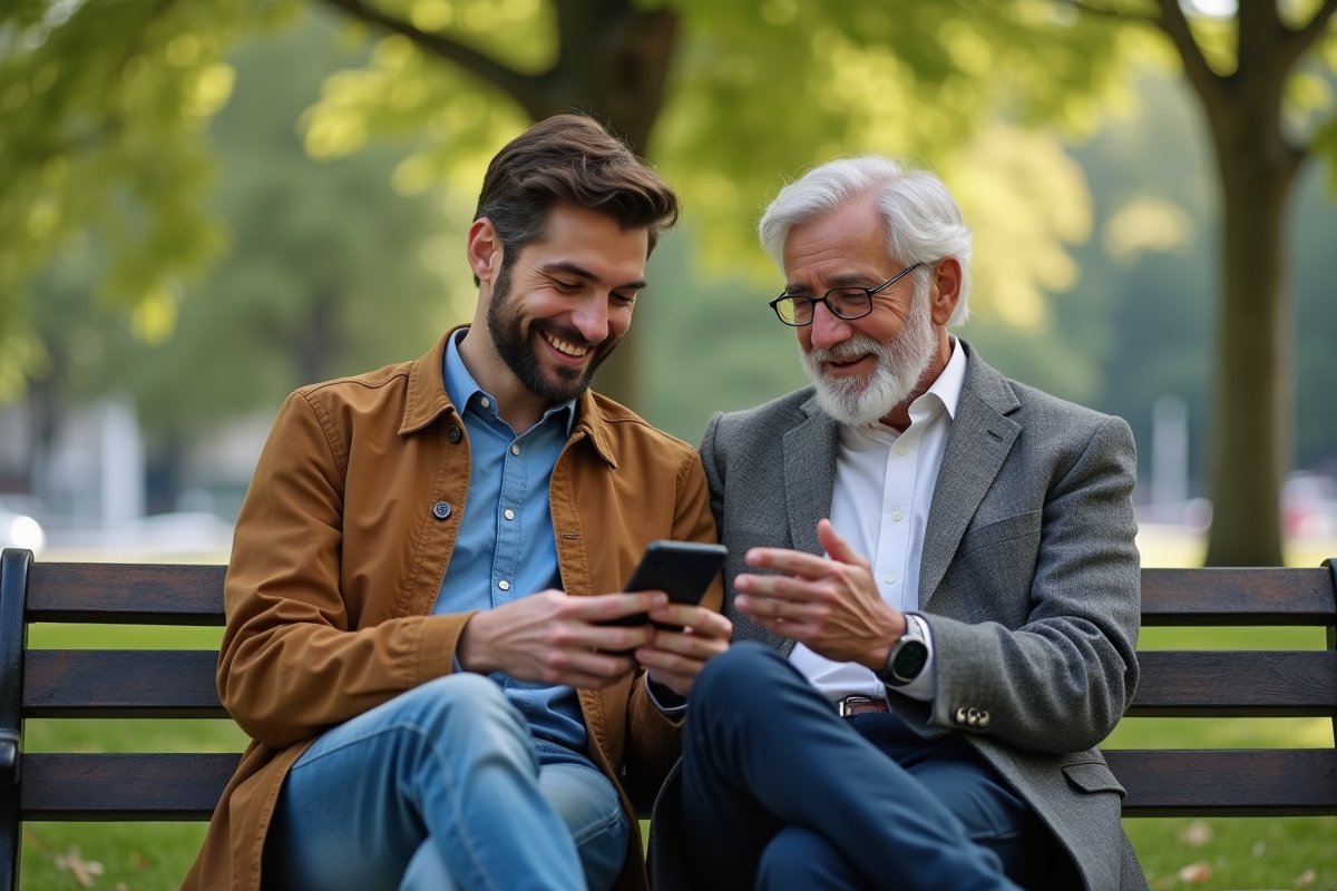 Jeune homme et son père discutant banque sur un banc de parc