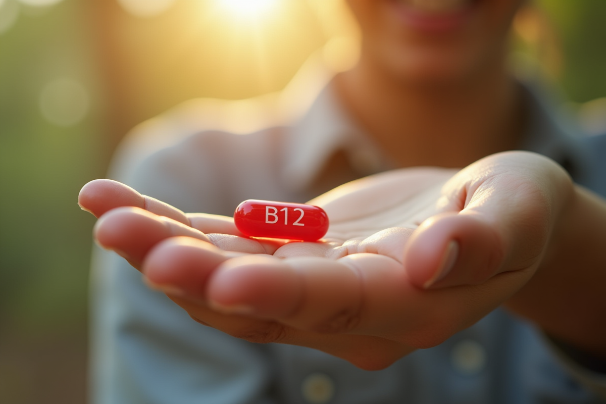 Jeune adulte tenant une pilule de vitamine B12 dans la main