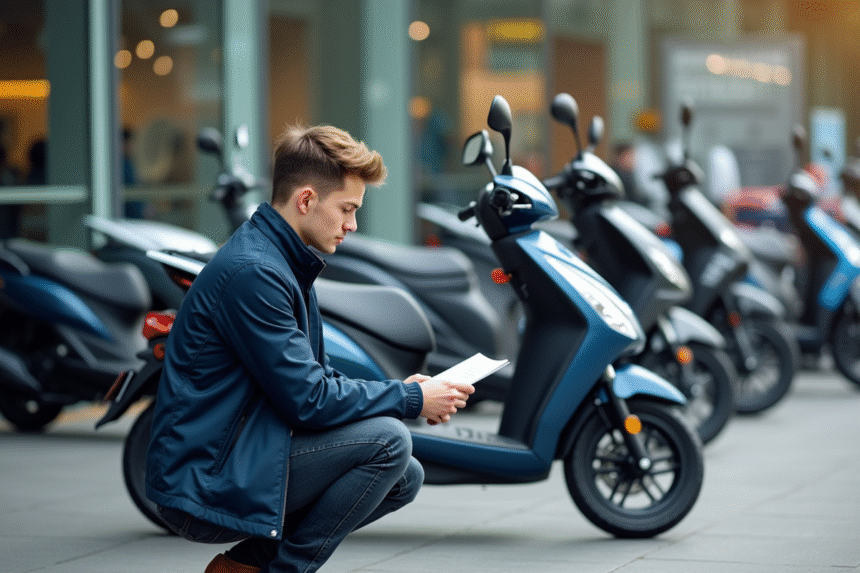 Jeune homme regardant un scooter neuf en concession