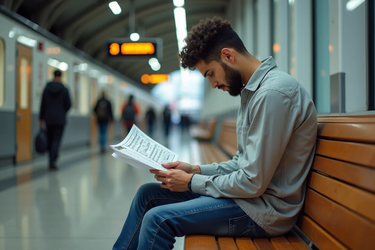 Jeune musulman regardant prière dans la gare de Valenciennes