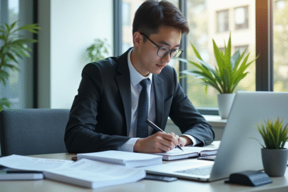 Jeune professionnel en costume étudiant des livres de droit fiscal