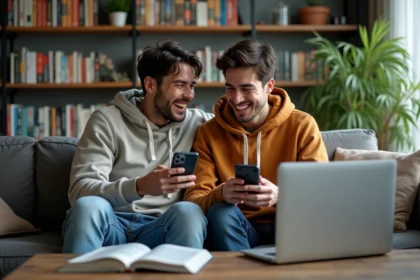 Deux jeunes hommes rient en partageant des recommandations de webcomics BL dans un salon