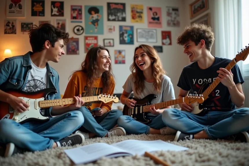 Groupe de jeunes musiciens français discutant avec leurs instruments