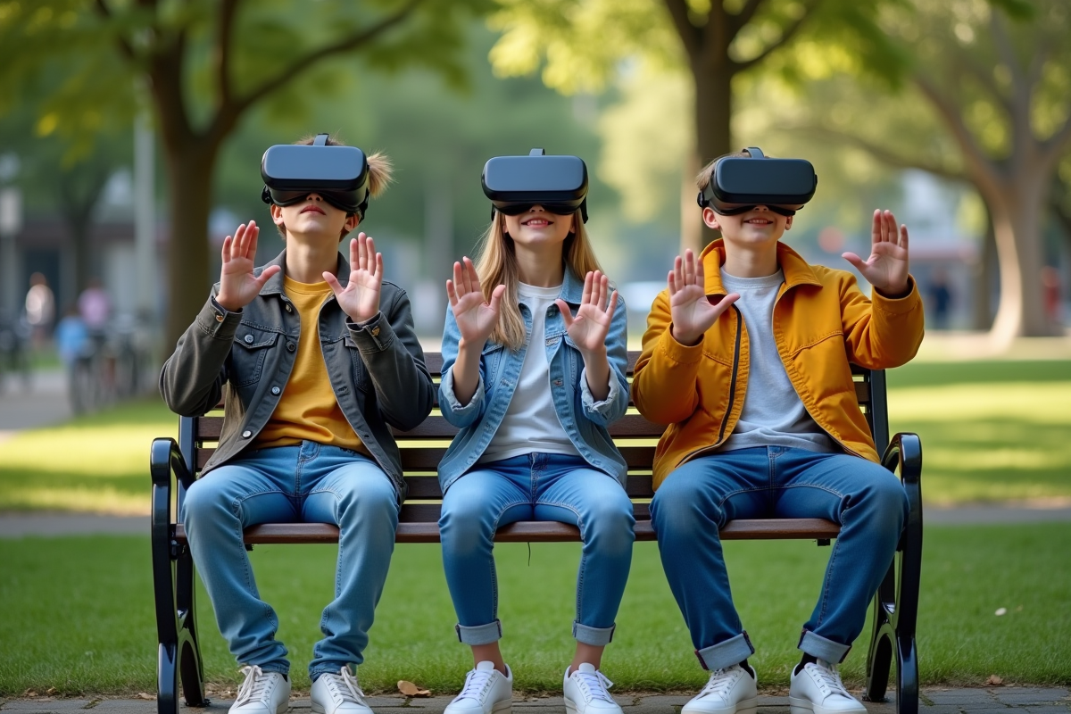 Trois adolescents en VR dans un parc urbain