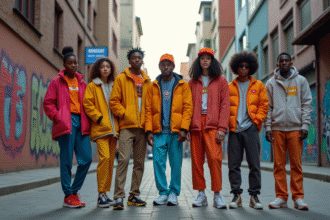Groupe de jeunes en streetwear coloré dans la ville