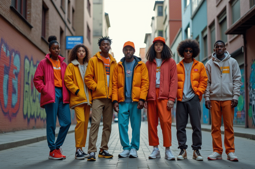 Groupe de jeunes en streetwear coloré dans la ville