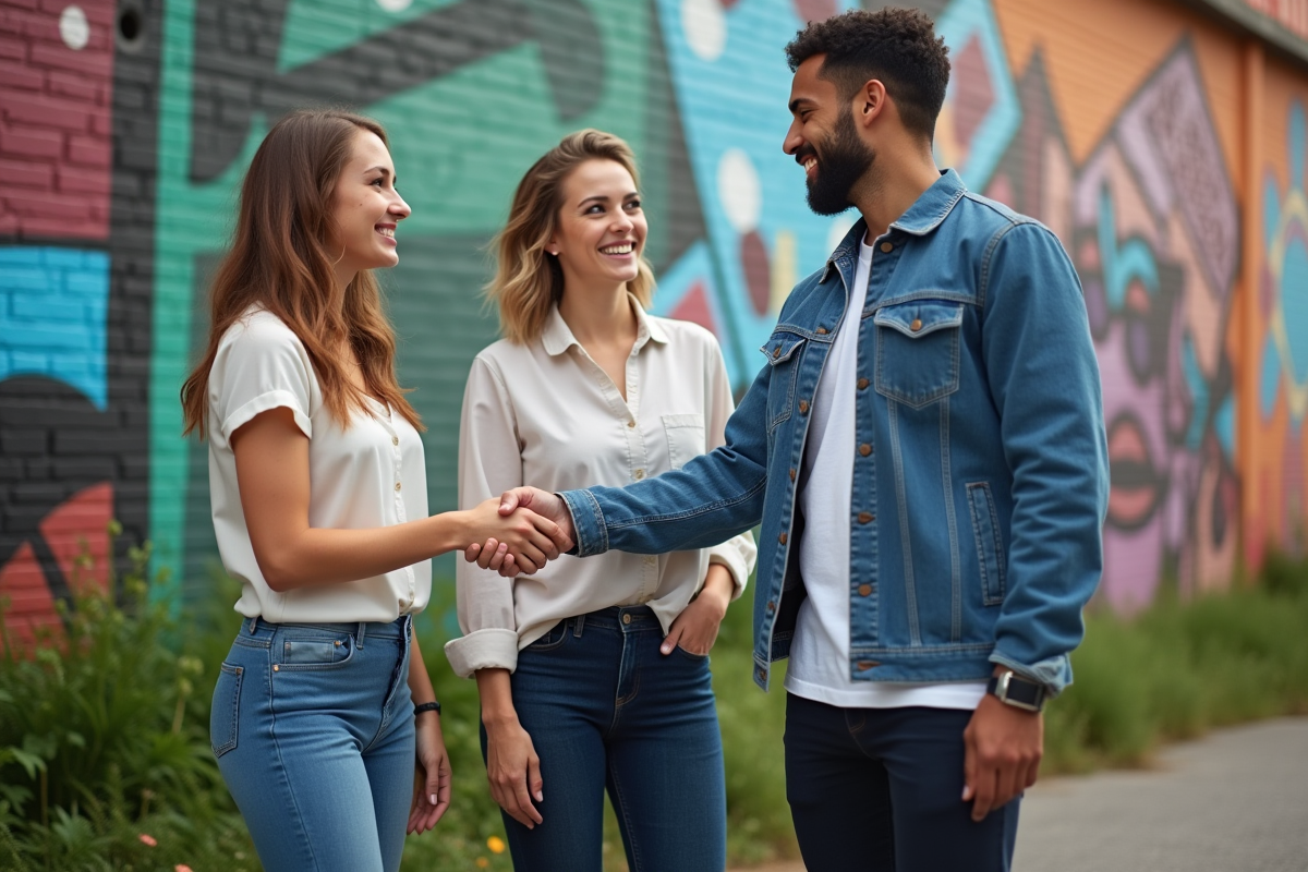 Trois jeunes adultes souriants devant un mur urbain coloré