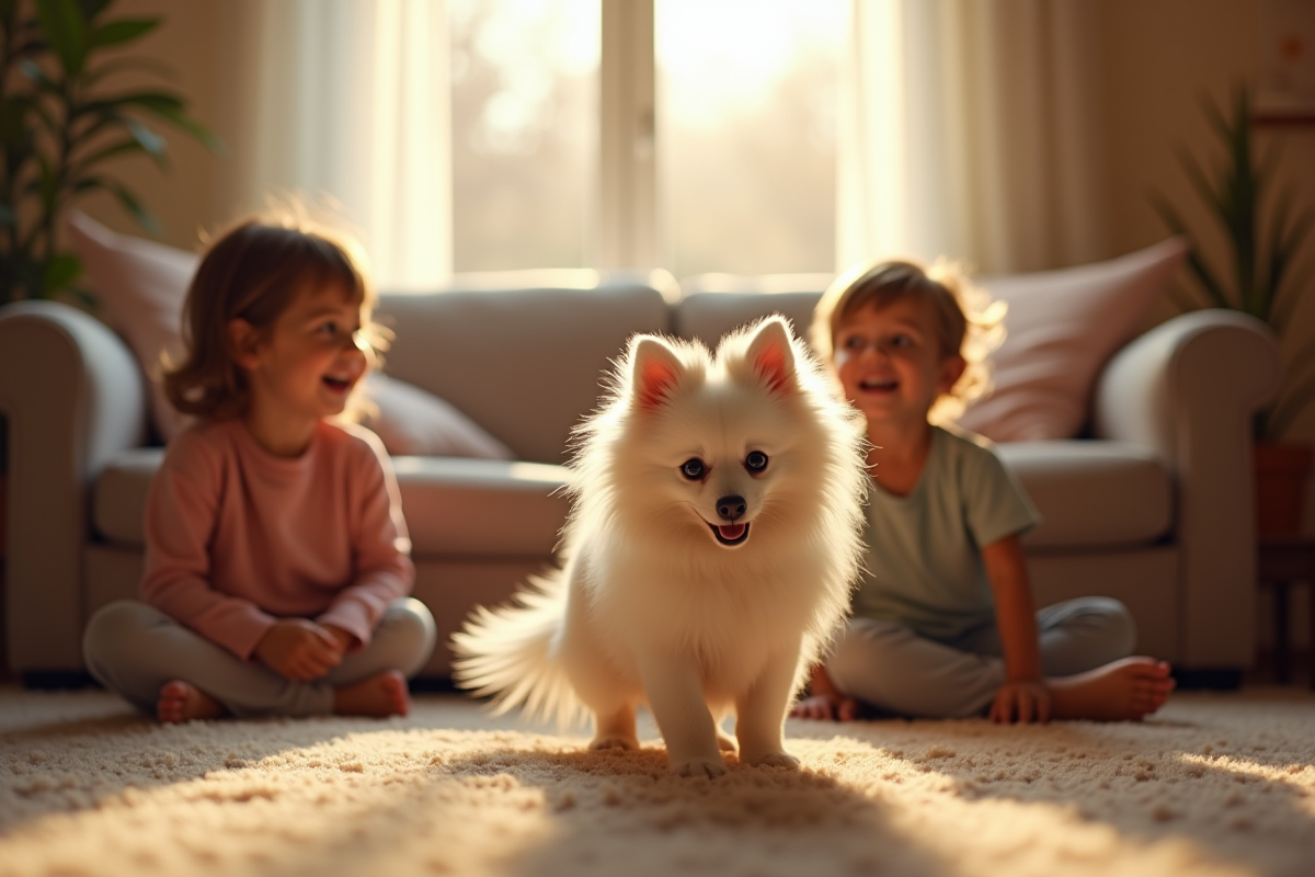 Enfants jouant avec un chien Spitz dans un salon chaleureux