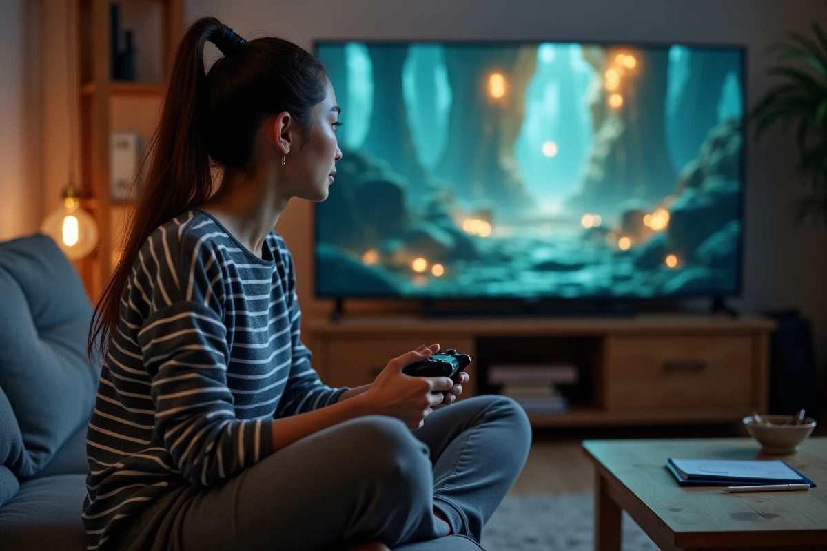 Jeune femme jouant à un RPG fantasy sur télévision dans son salon, avec barre d'expérience visible à l'écran